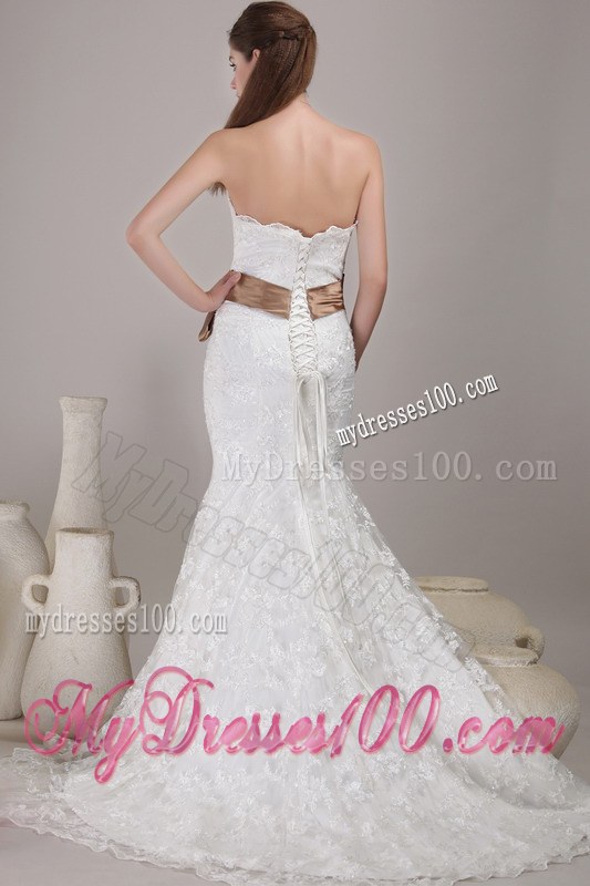 Lace Strapless White Wedding Dress with Bowknot Ribbon Chapel Train