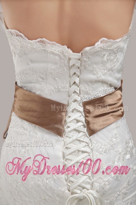 Lace Strapless White Wedding Dress with Bowknot Ribbon Chapel Train