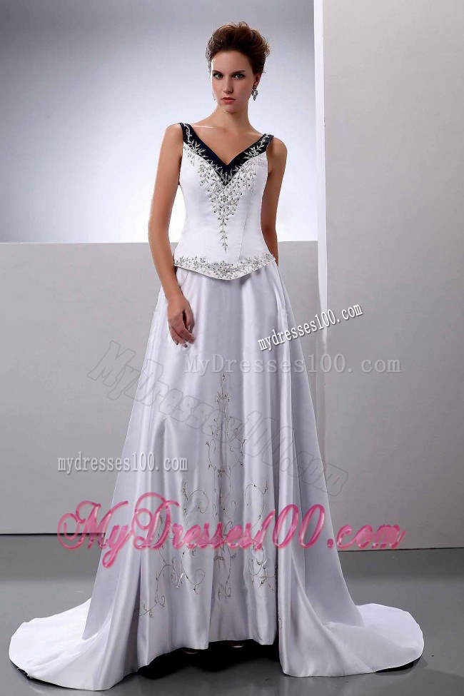 White and Black Embroidery Decorated V-neck Wedding gown with Straps