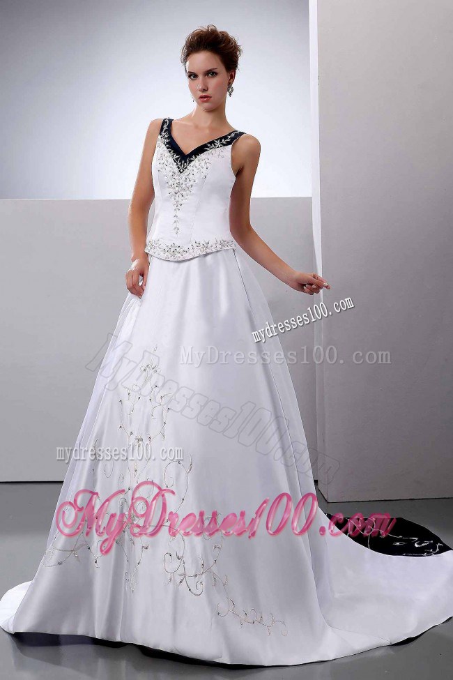 White and Black Embroidery Decorated V-neck Wedding gown with Straps
