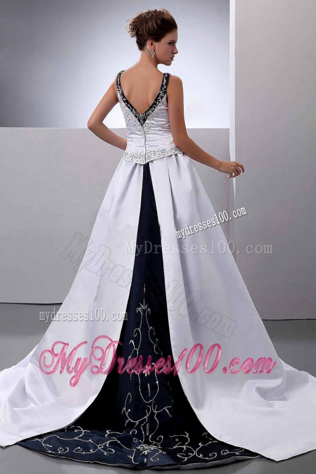 White and Black Embroidery Decorated V-neck Wedding gown with Straps