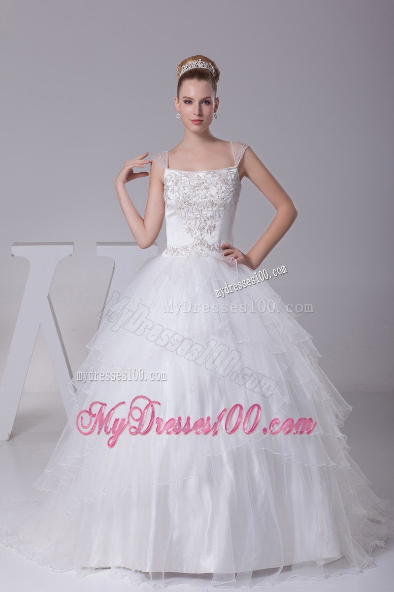 Beading Embroideries Decorated Layers Bridal Dress with Sheer Wide Straps