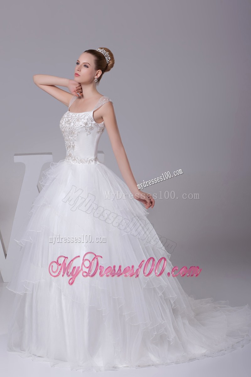 Beading Embroideries Decorated Layers Bridal Dress with Sheer Wide Straps