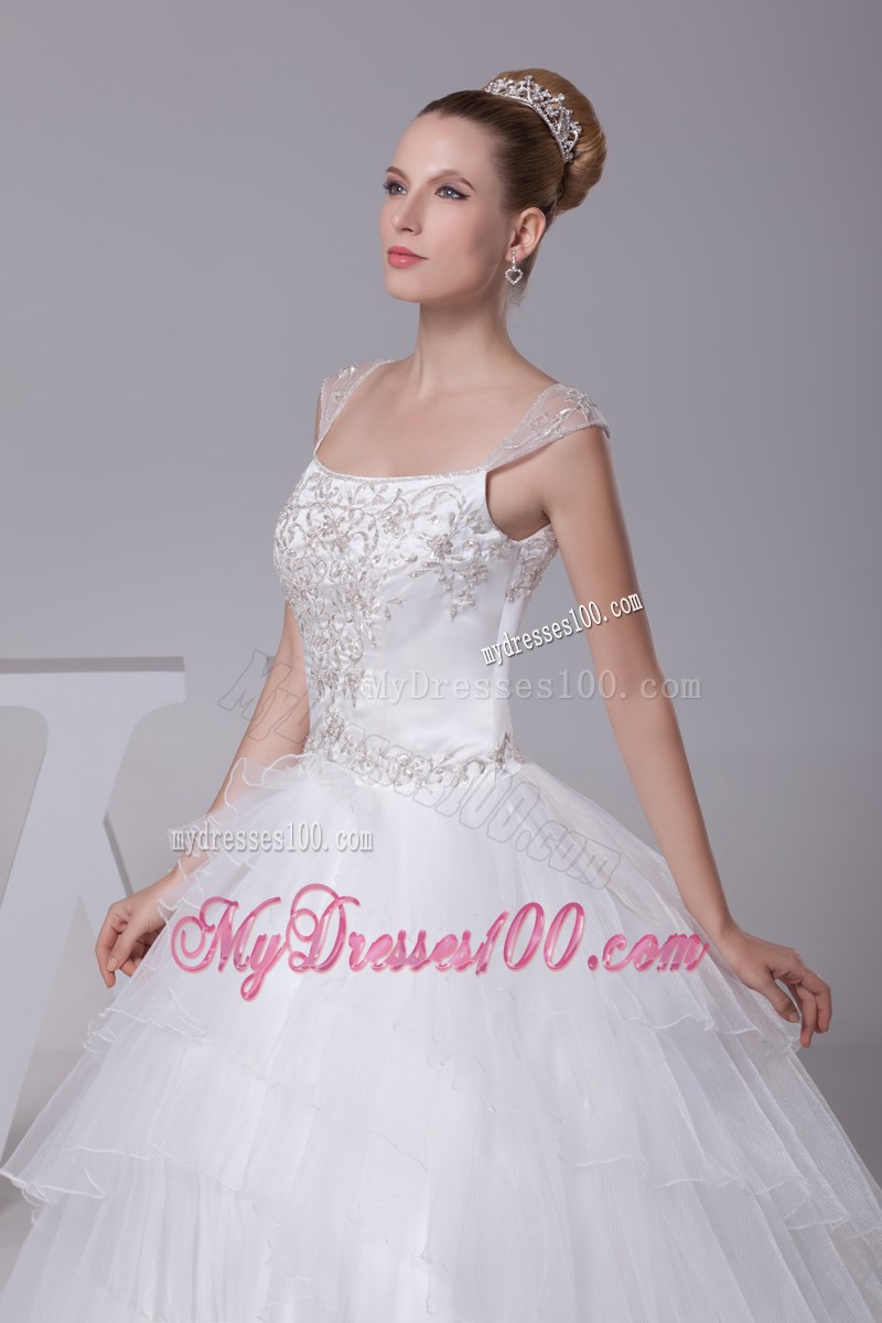 Beading Embroideries Decorated Layers Bridal Dress with Sheer Wide Straps