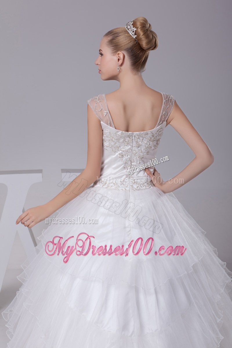 Beading Embroideries Decorated Layers Bridal Dress with Sheer Wide Straps