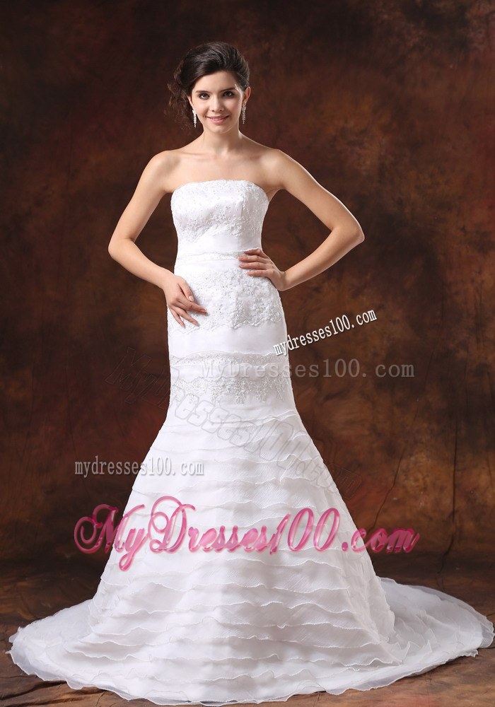 Hot Sale Chapel Train White Wedding Dress Strapless Lace-up Back