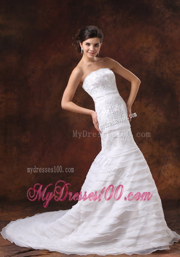 Hot Sale Chapel Train White Wedding Dress Strapless Lace-up Back