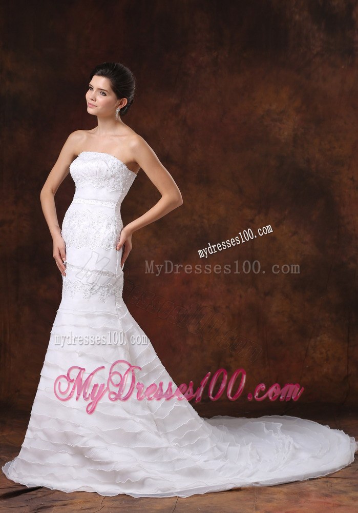 Hot Sale Chapel Train White Wedding Dress Strapless Lace-up Back