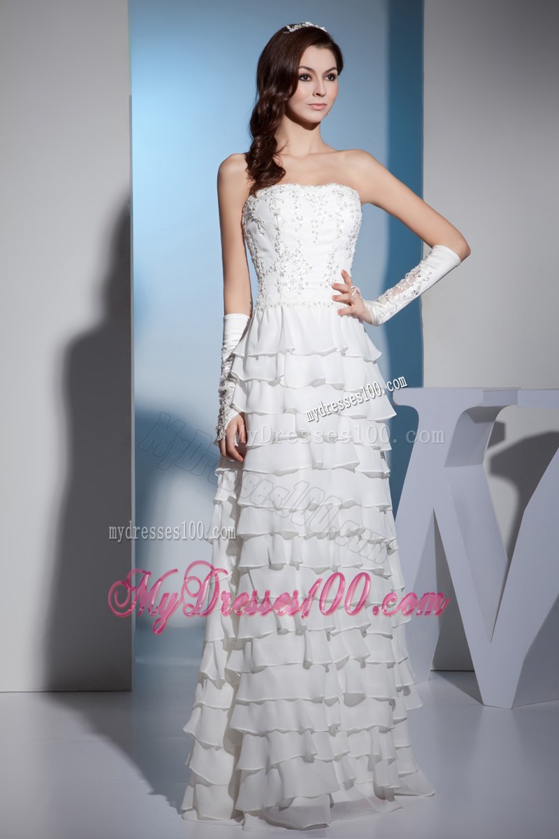 Beading Decorated Tiers Bridal Gown with Gloves in White For Lady
