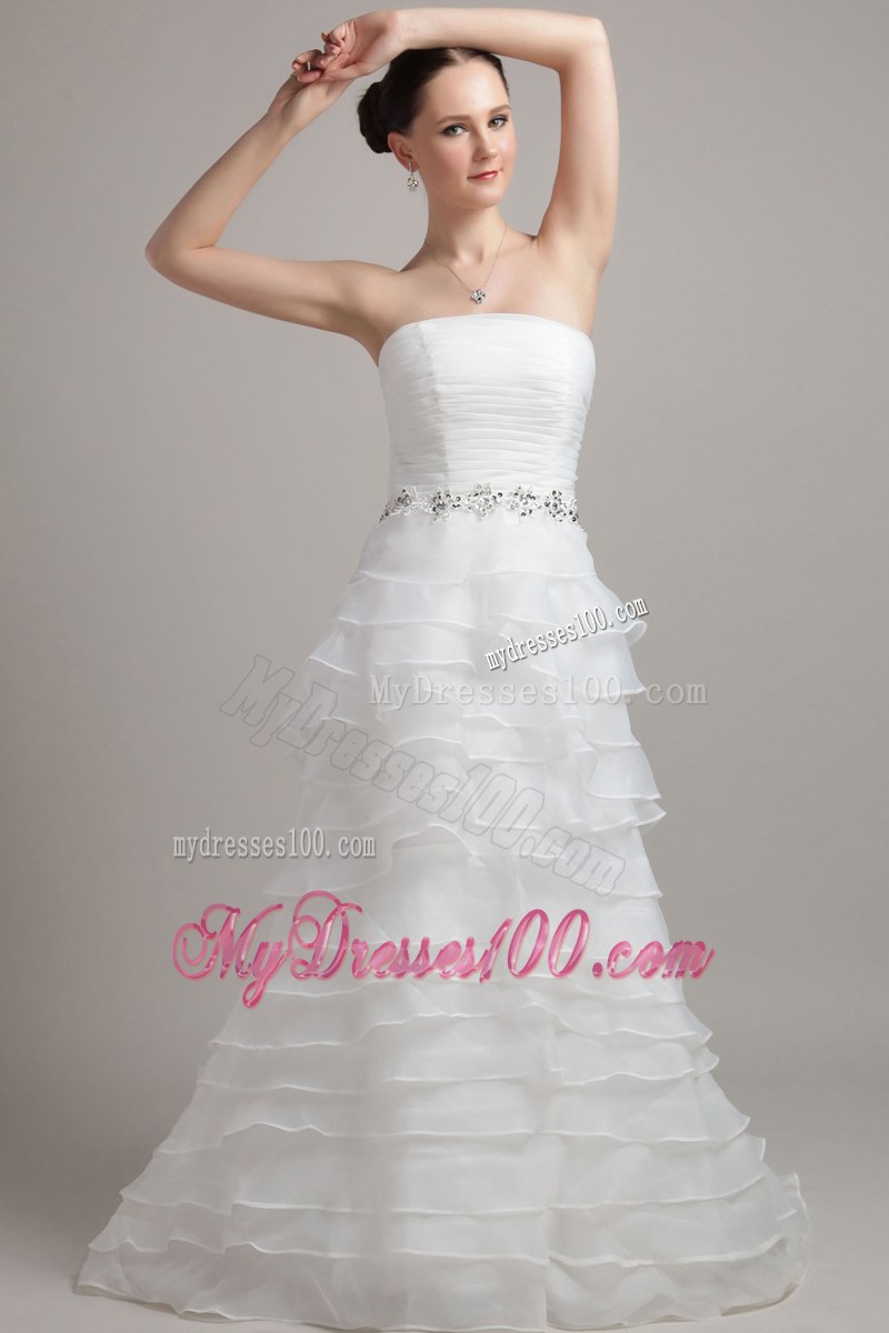 Multi-tiered Beaded Zipper Up Back White Wedding Dress Strapless