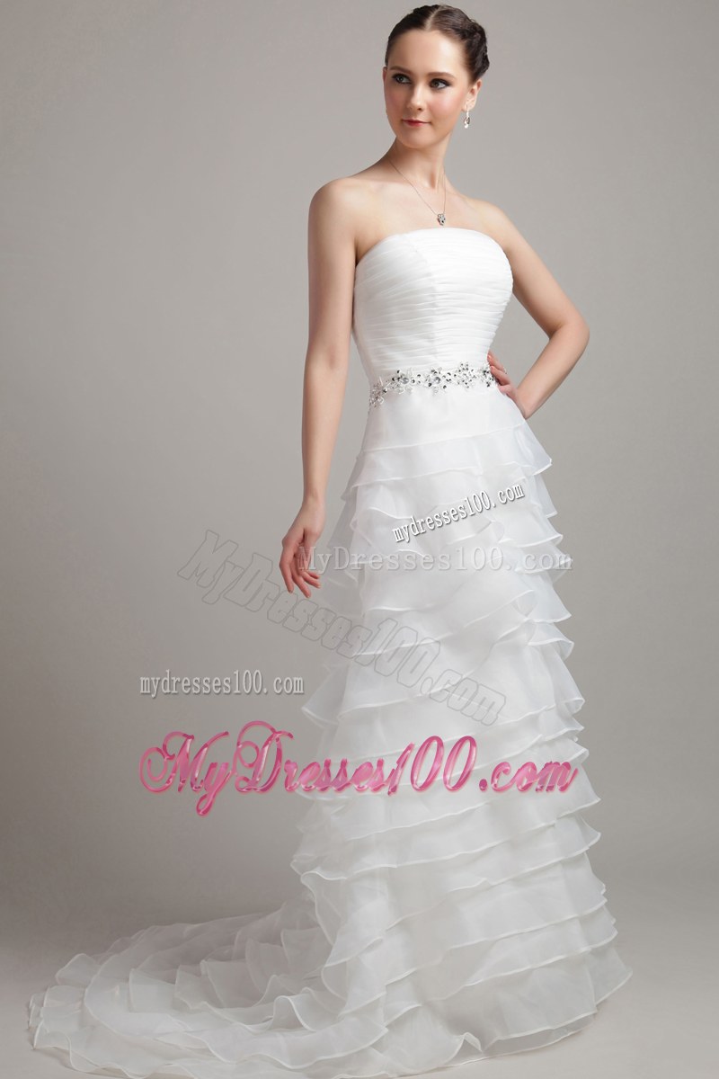 Multi-tiered Beaded Zipper Up Back White Wedding Dress Strapless