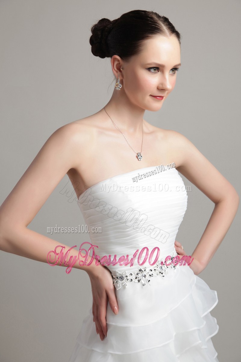 Multi-tiered Beaded Zipper Up Back White Wedding Dress Strapless