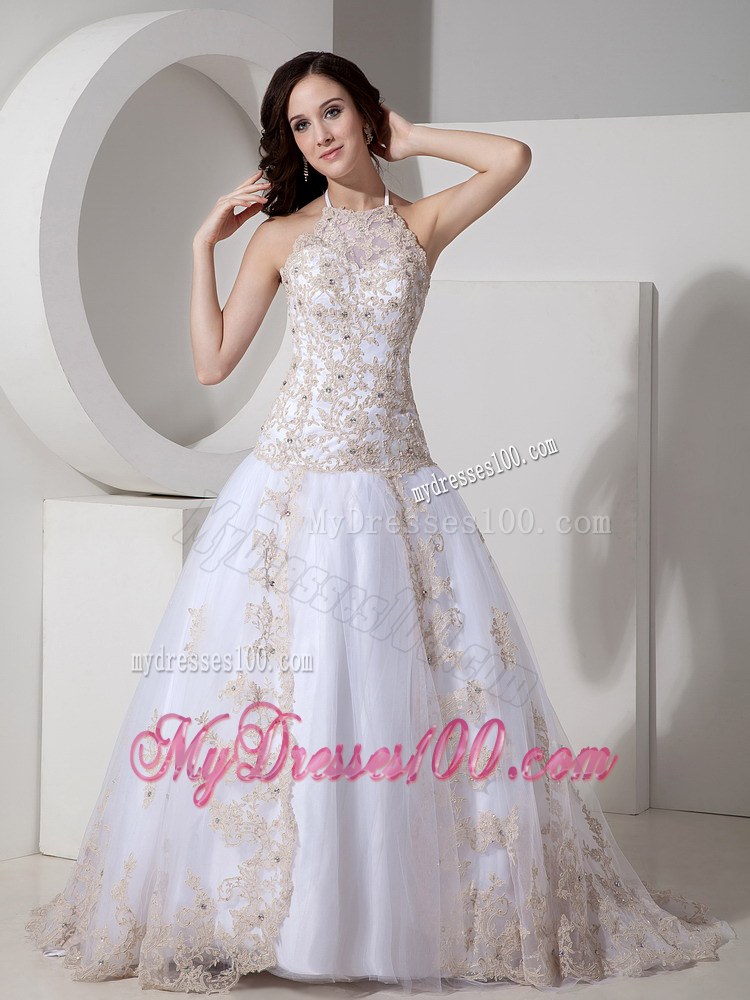 Ball Gown Halter Court Train Tulle and Lace Wedding Dress with Appliques