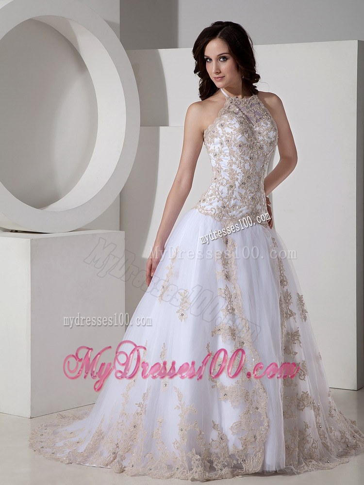 Ball Gown Halter Court Train Tulle and Lace Wedding Dress with Appliques