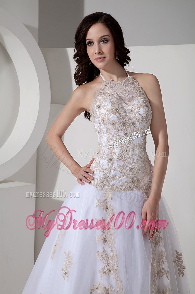 Ball Gown Halter Court Train Tulle and Lace Wedding Dress with Appliques