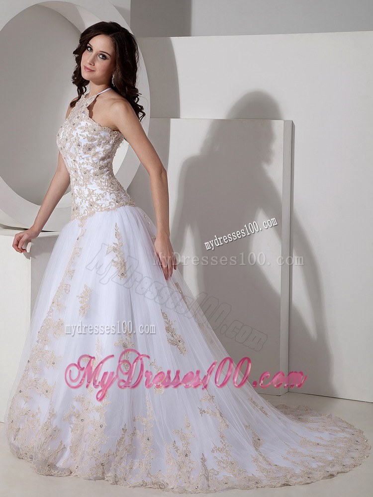 Ball Gown Halter Court Train Tulle and Lace Wedding Dress with Appliques