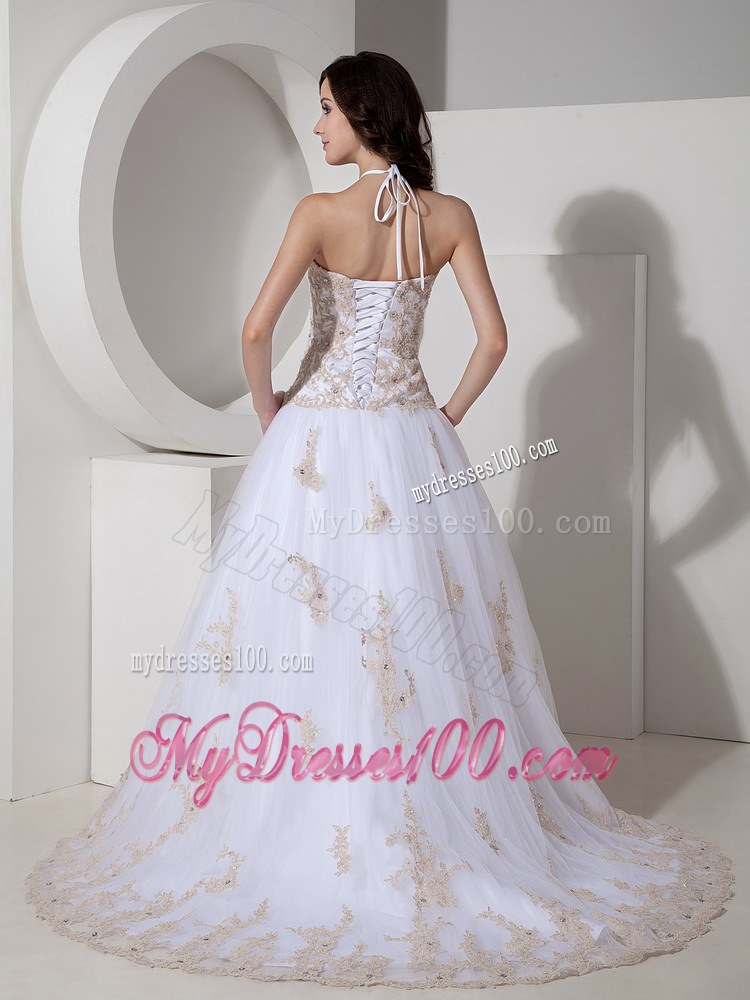 Ball Gown Halter Court Train Tulle and Lace Wedding Dress with Appliques