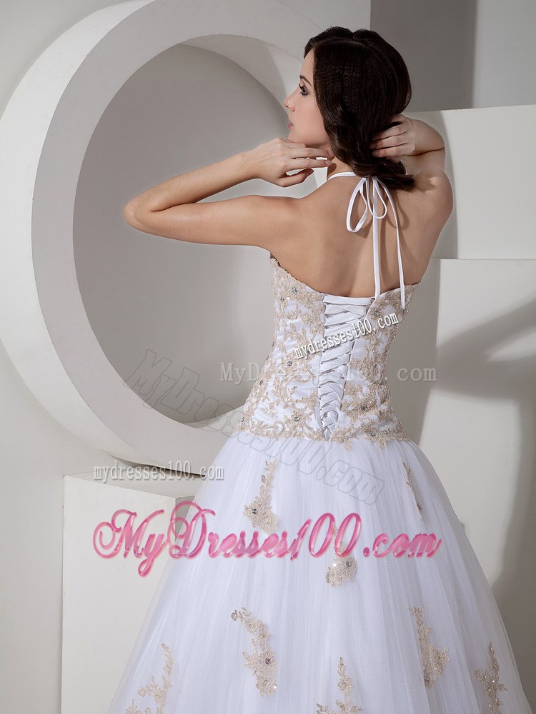 Ball Gown Halter Court Train Tulle and Lace Wedding Dress with Appliques