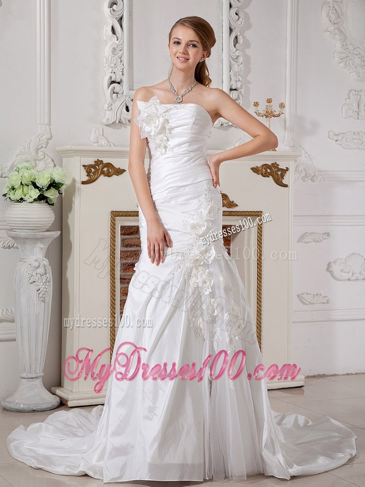 Strapless Court Train Ruched Wedding Dresses with Hand Made Flowers