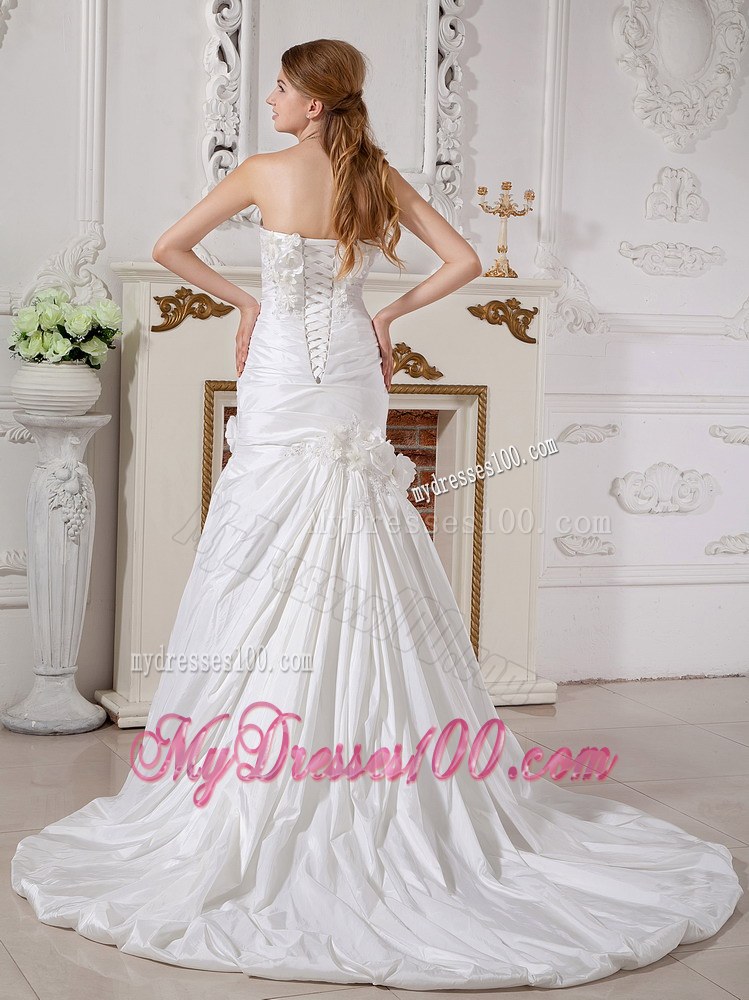 Strapless Court Train Ruched Wedding Dresses with Hand Made Flowers