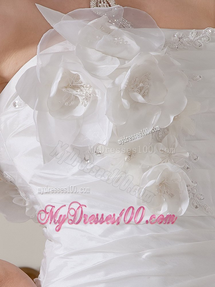 Strapless Court Train Ruched Wedding Dresses with Hand Made Flowers