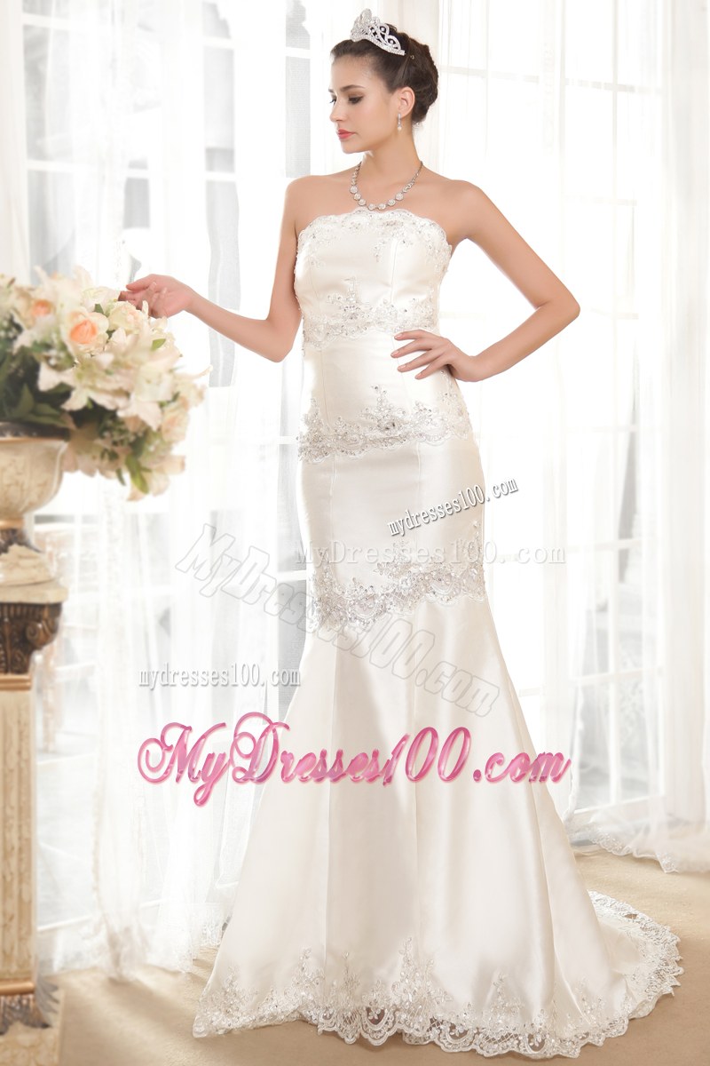 Groovy Mermaid Lace Hem Beaded White Dress for Wedding Strapless