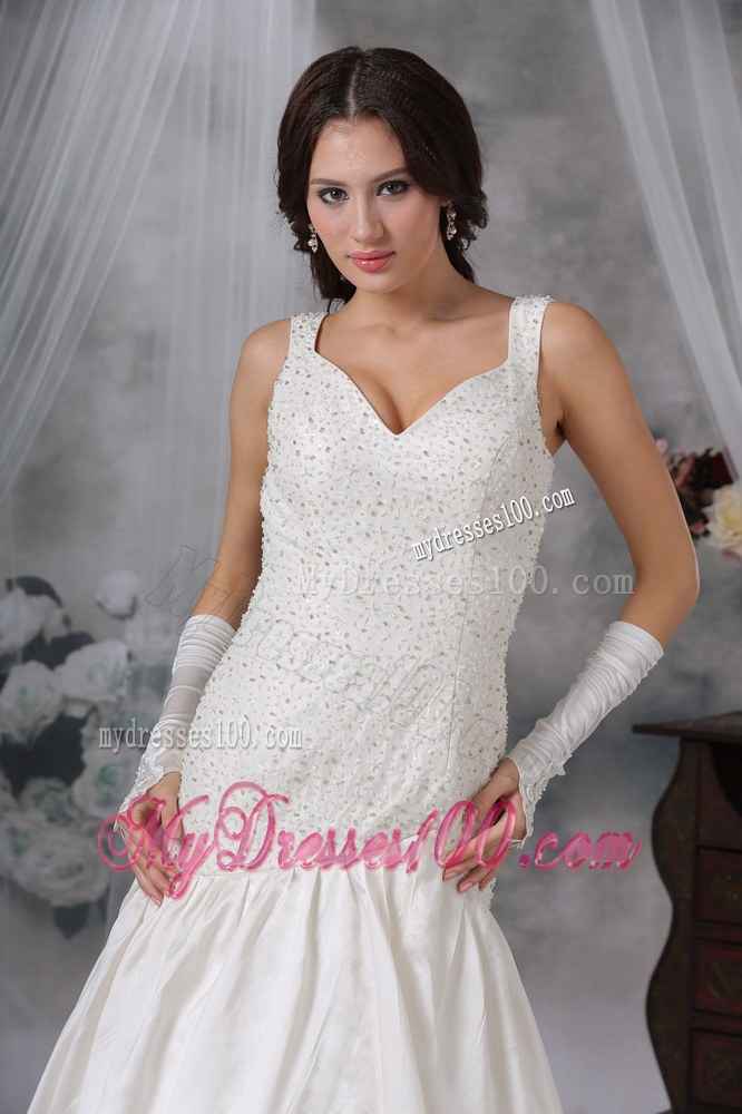 Straps Pearl White Taffeta Dresses for Wedding with Court Train