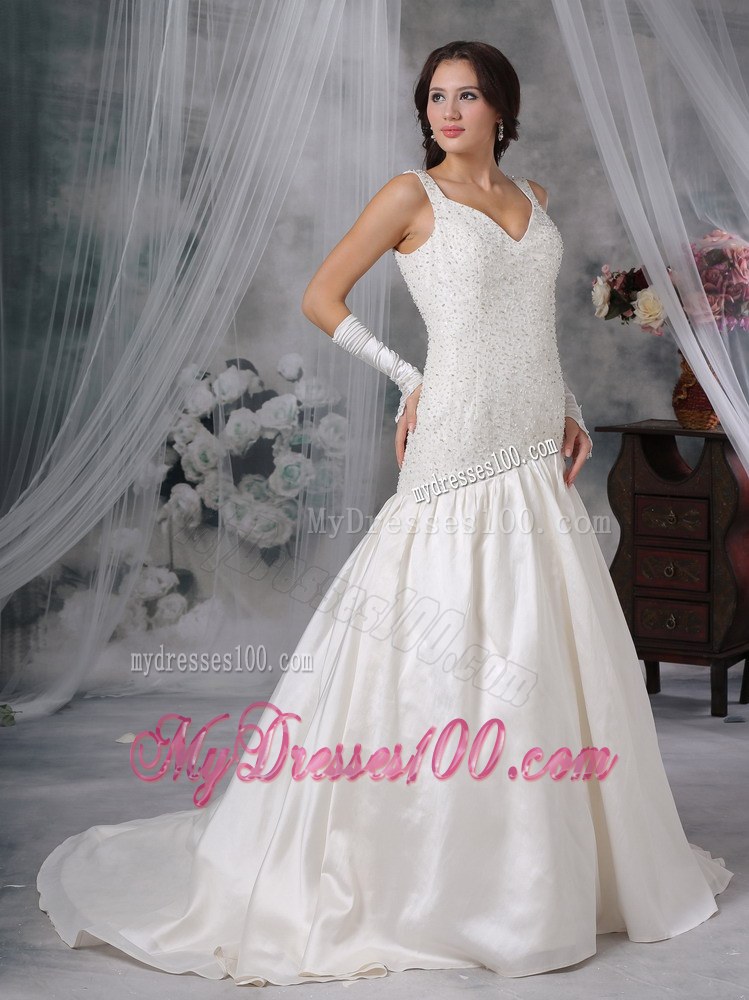 Straps Pearl White Taffeta Dresses for Wedding with Court Train