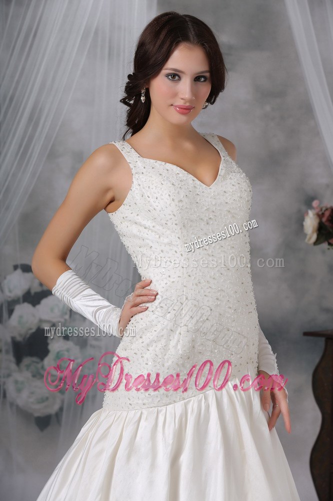 Straps Pearl White Taffeta Dresses for Wedding with Court Train
