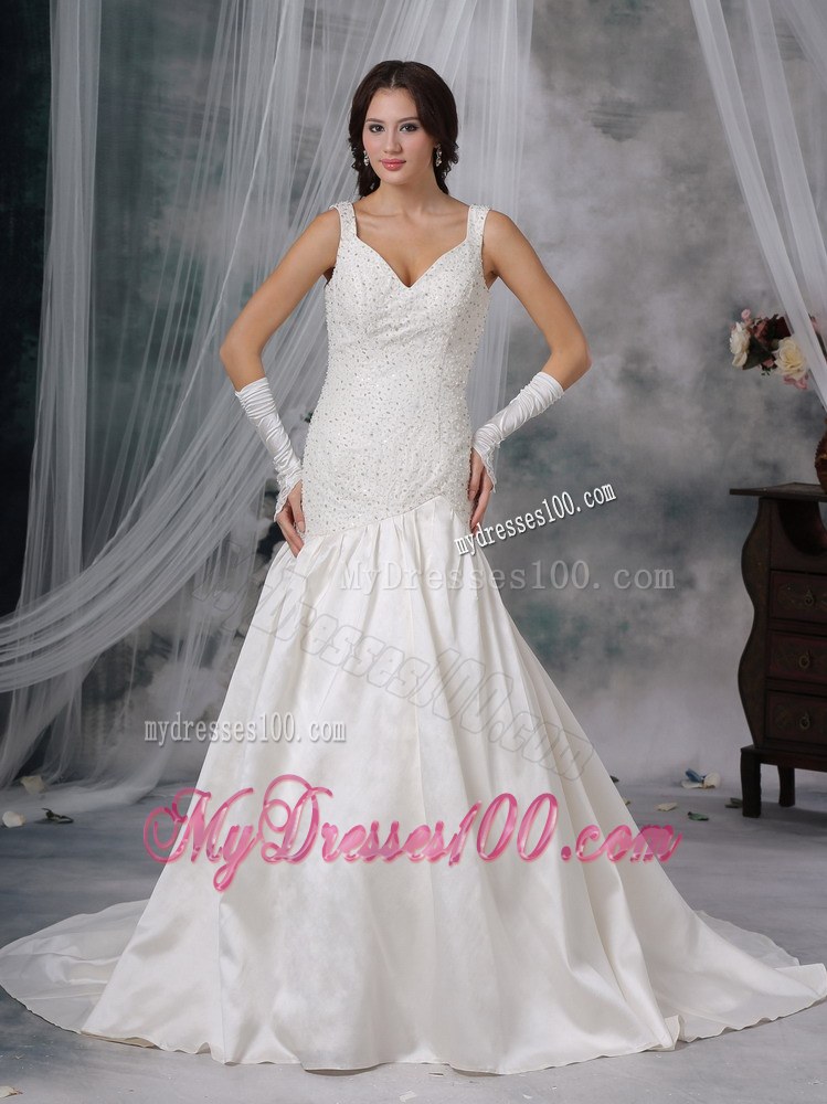 Straps Pearl White Taffeta Dresses for Wedding with Court Train