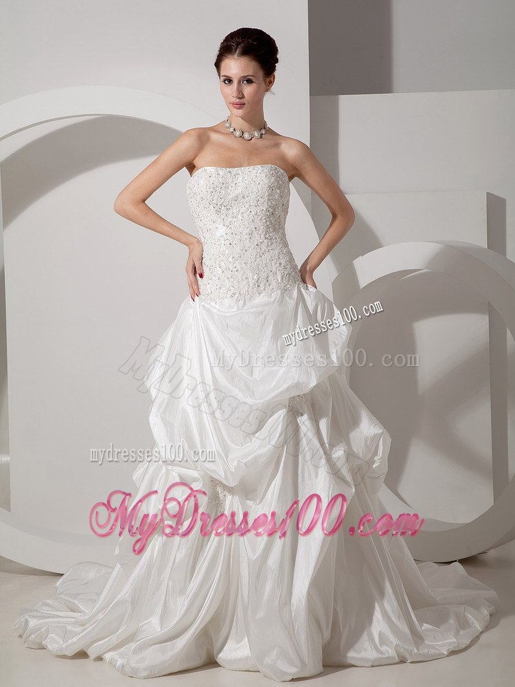 Beaded Bodice for Strapless White Court Train Wedding gowns with Pick-ups