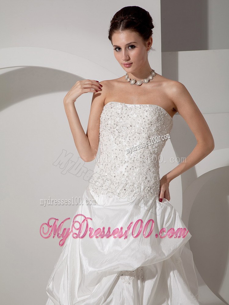 Beaded Bodice for Strapless White Court Train Wedding gowns with Pick-ups