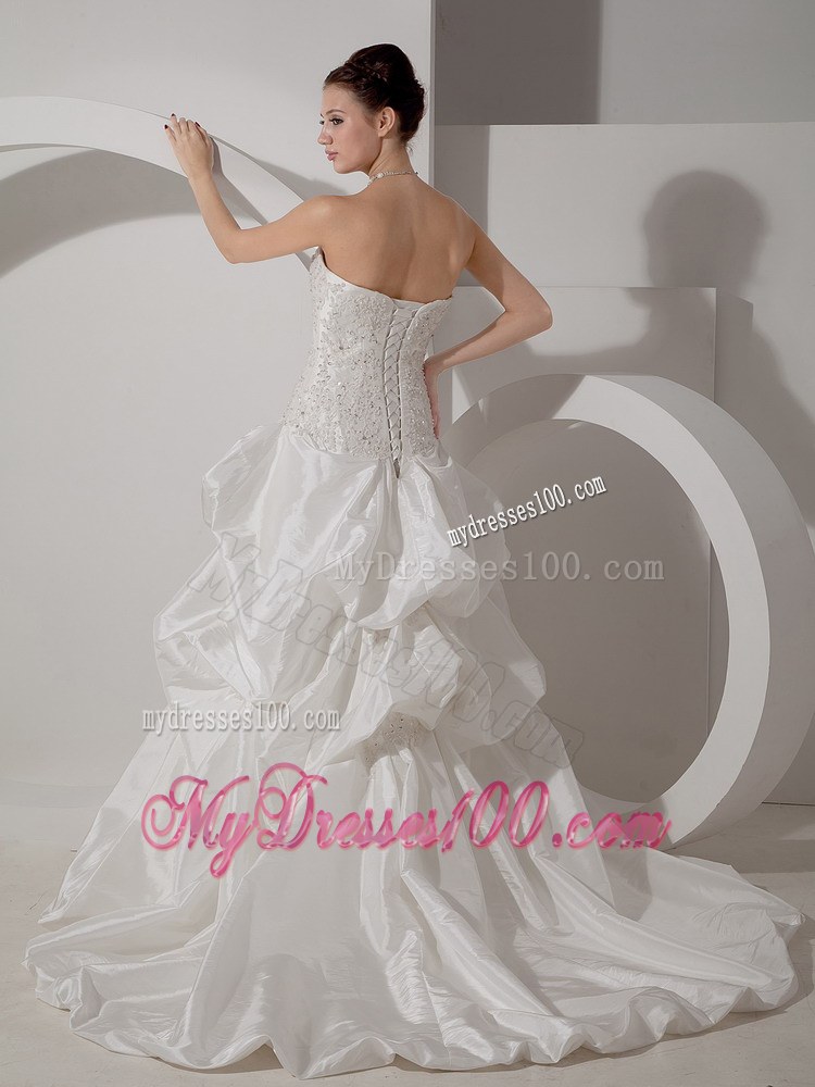 Beaded Bodice for Strapless White Court Train Wedding gowns with Pick-ups