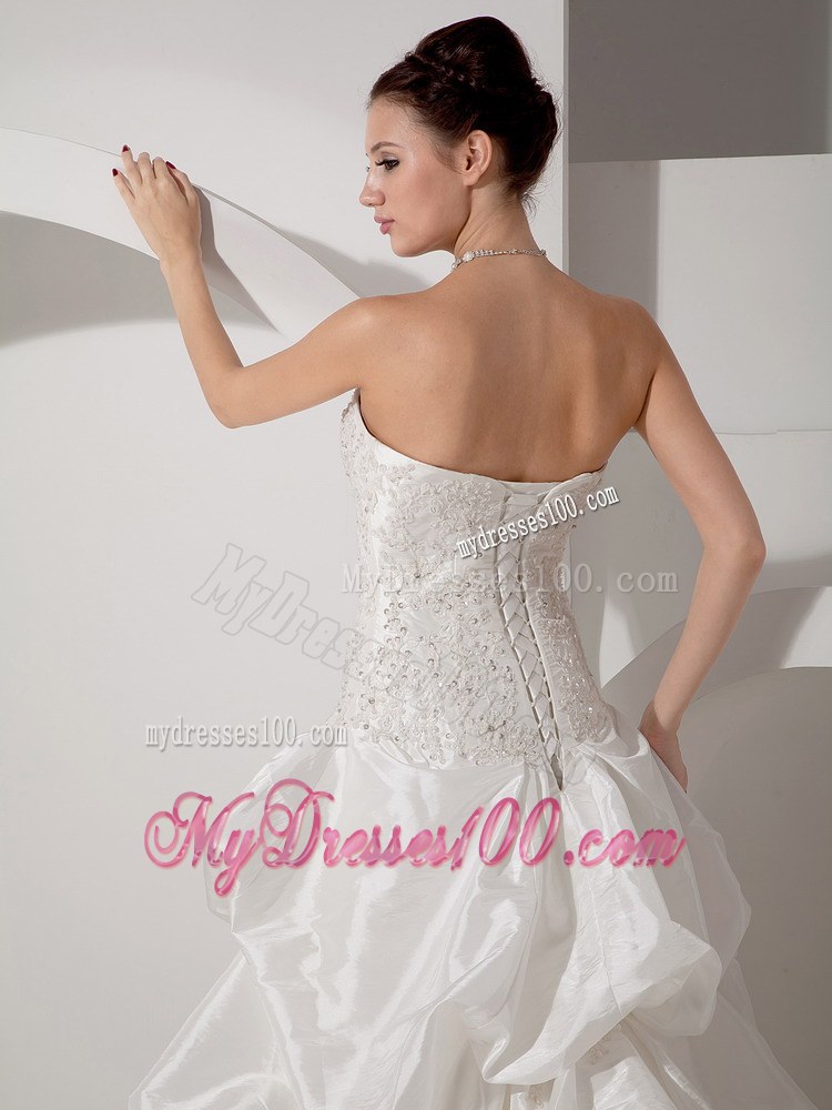 Beaded Bodice for Strapless White Court Train Wedding gowns with Pick-ups