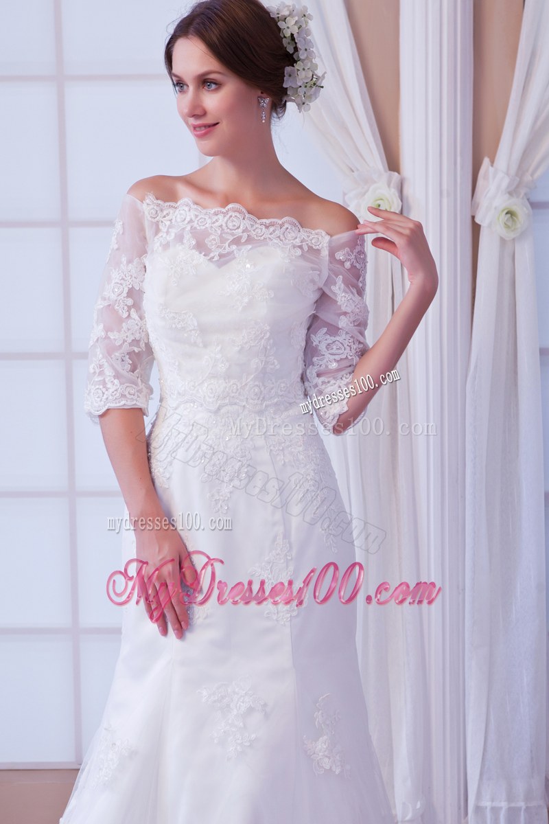 Off-the-shoulder Half-sleeve Lace White Dress for Wedding Court Train