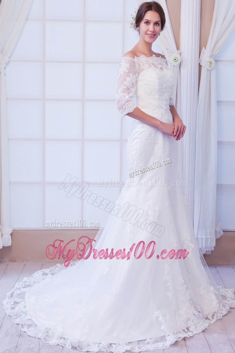 Off-the-shoulder Half-sleeve Lace White Dress for Wedding Court Train