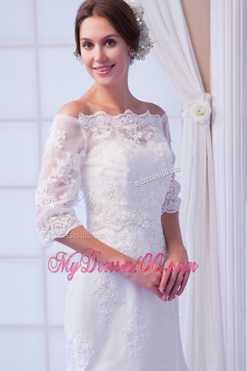 Off-the-shoulder Half-sleeve Lace White Dress for Wedding Court Train
