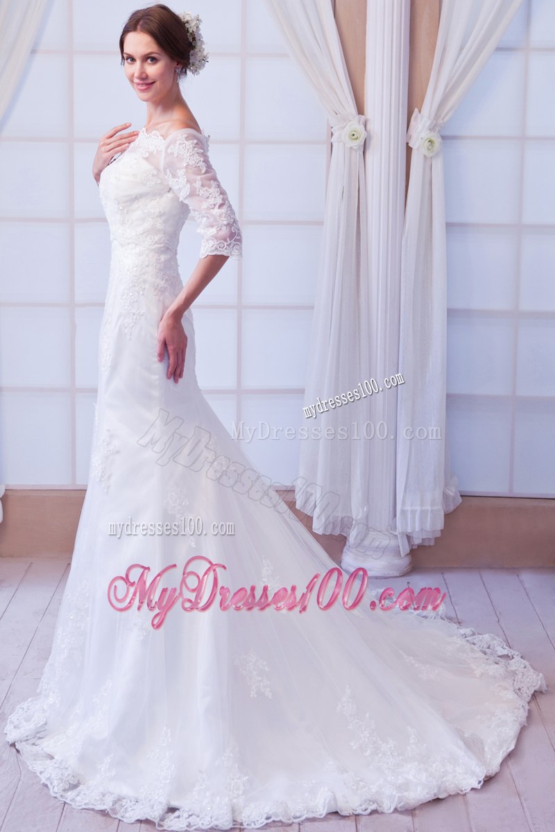 Off-the-shoulder Half-sleeve Lace White Dress for Wedding Court Train