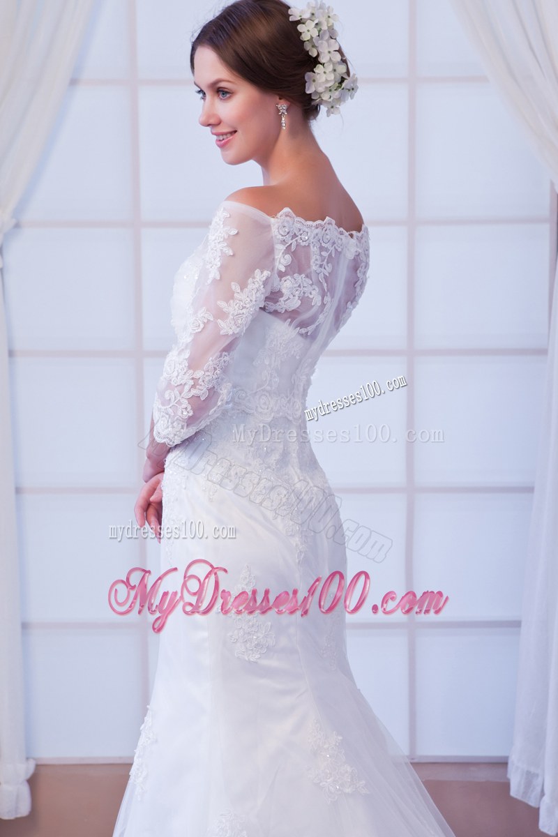 Off-the-shoulder Half-sleeve Lace White Dress for Wedding Court Train