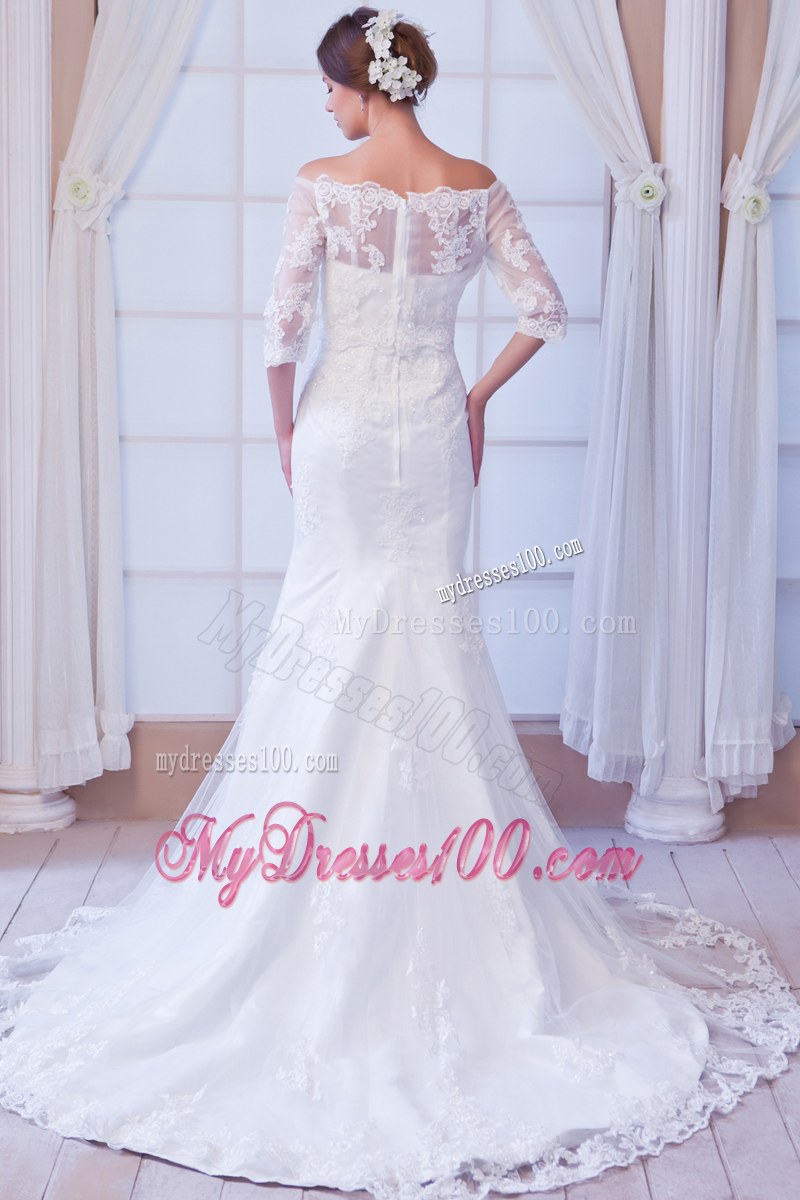 Off-the-shoulder Half-sleeve Lace White Dress for Wedding Court Train