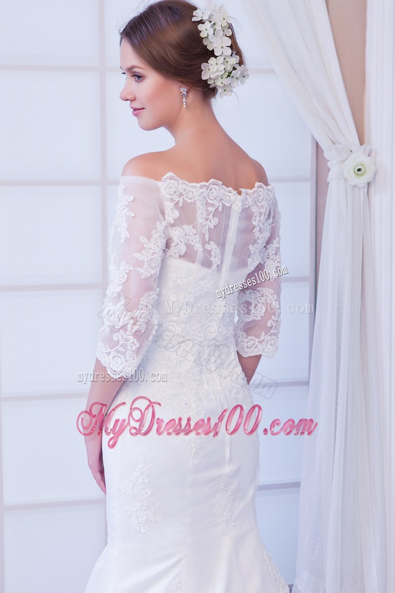 Off-the-shoulder Half-sleeve Lace White Dress for Wedding Court Train