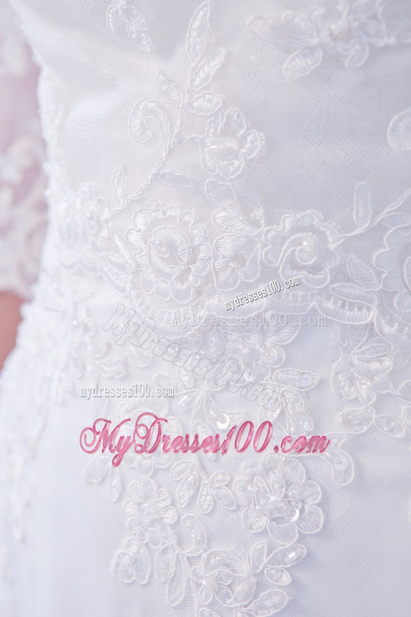 Off-the-shoulder Half-sleeve Lace White Dress for Wedding Court Train