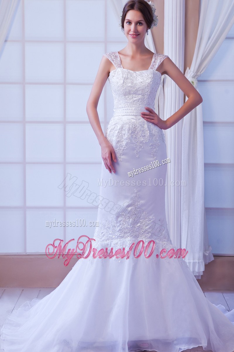 Romantic Straps Floral Appliques Court Train White Dress for Wedding