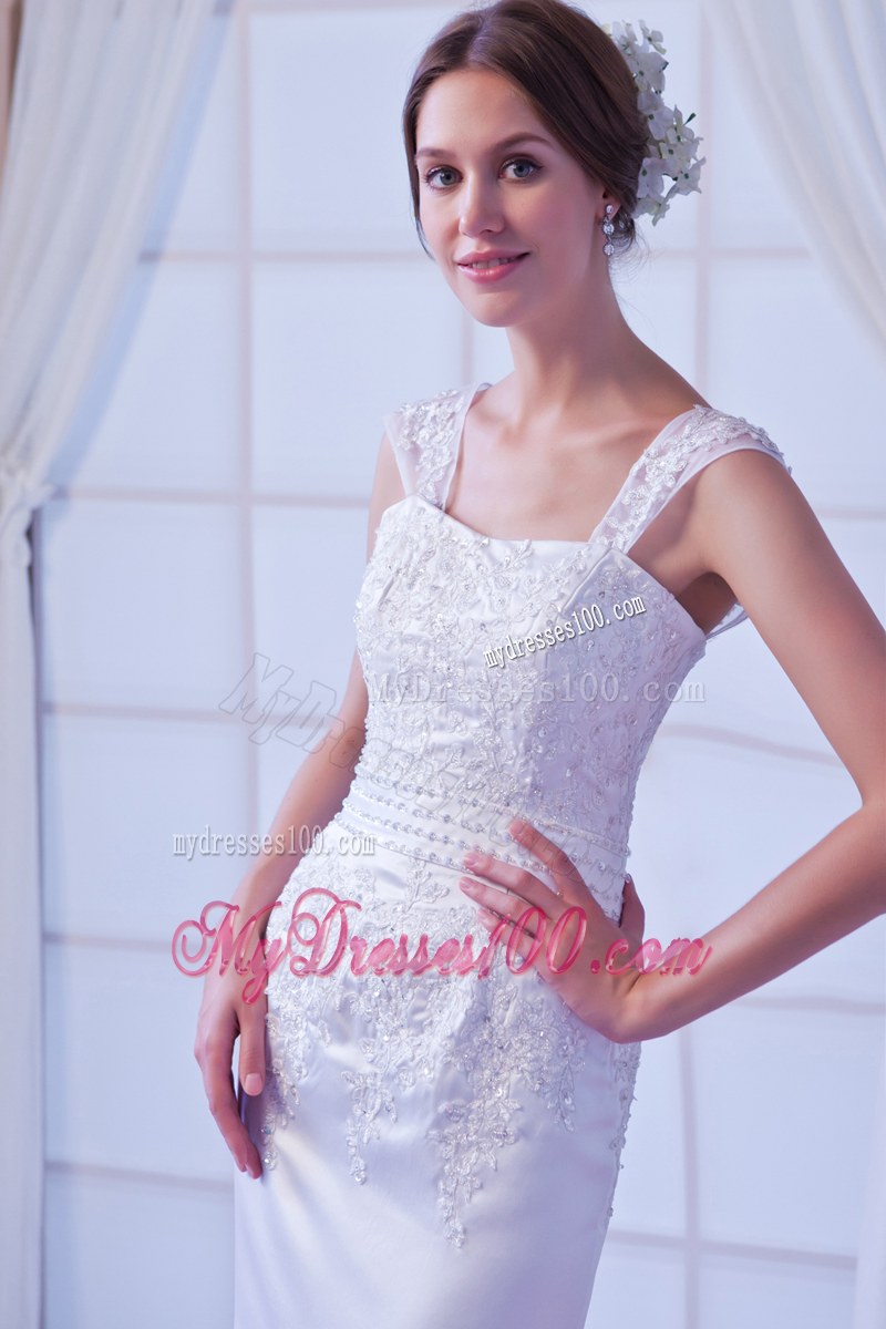 Romantic Straps Floral Appliques Court Train White Dress for Wedding