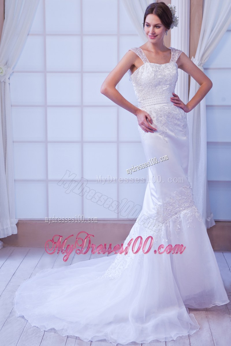 Romantic Straps Floral Appliques Court Train White Dress for Wedding