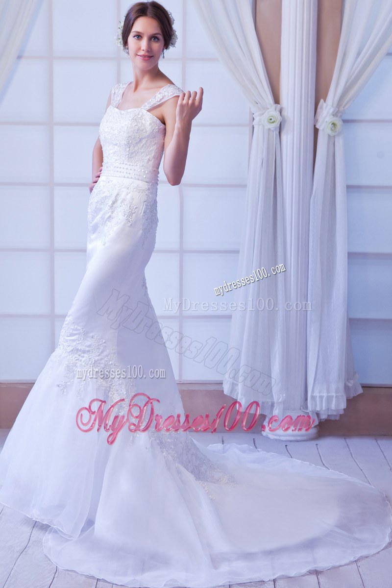 Romantic Straps Floral Appliques Court Train White Dress for Wedding