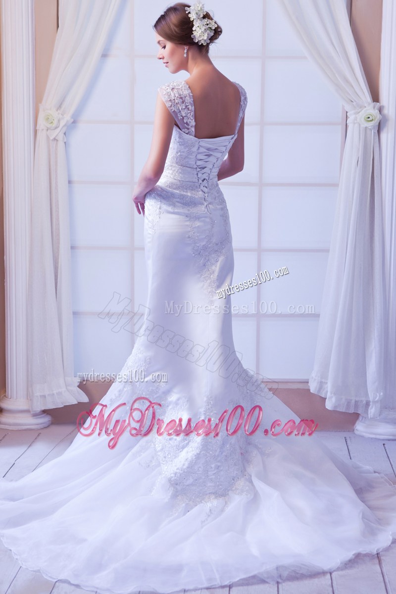 Romantic Straps Floral Appliques Court Train White Dress for Wedding