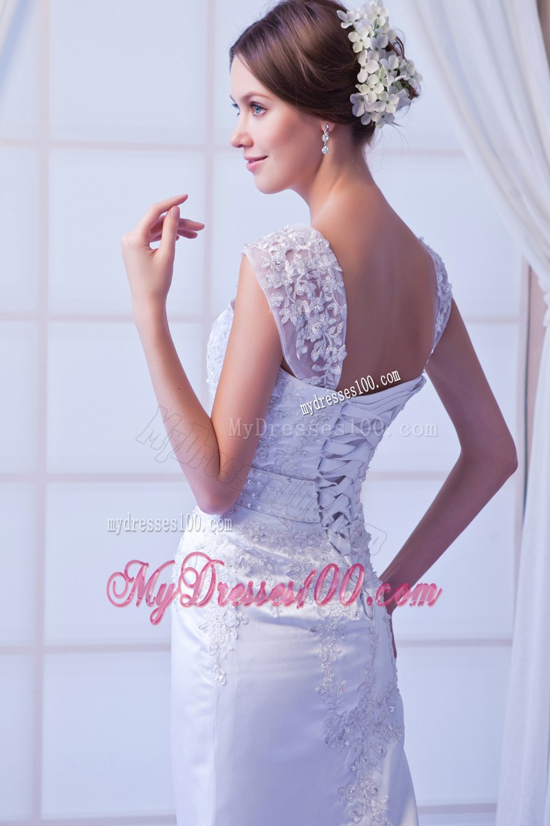 Romantic Straps Floral Appliques Court Train White Dress for Wedding