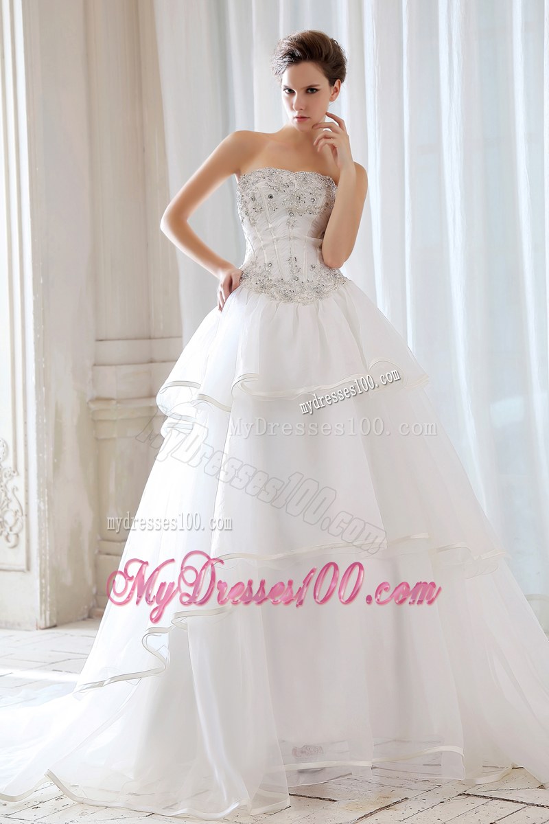Ruffle Layers Corset Back White Bridal with Beading Dress Chapel Train