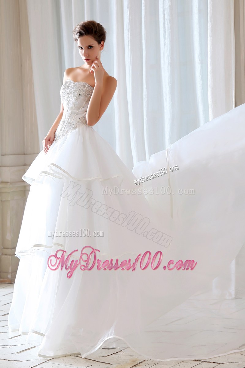 Ruffle Layers Corset Back White Bridal with Beading Dress Chapel Train